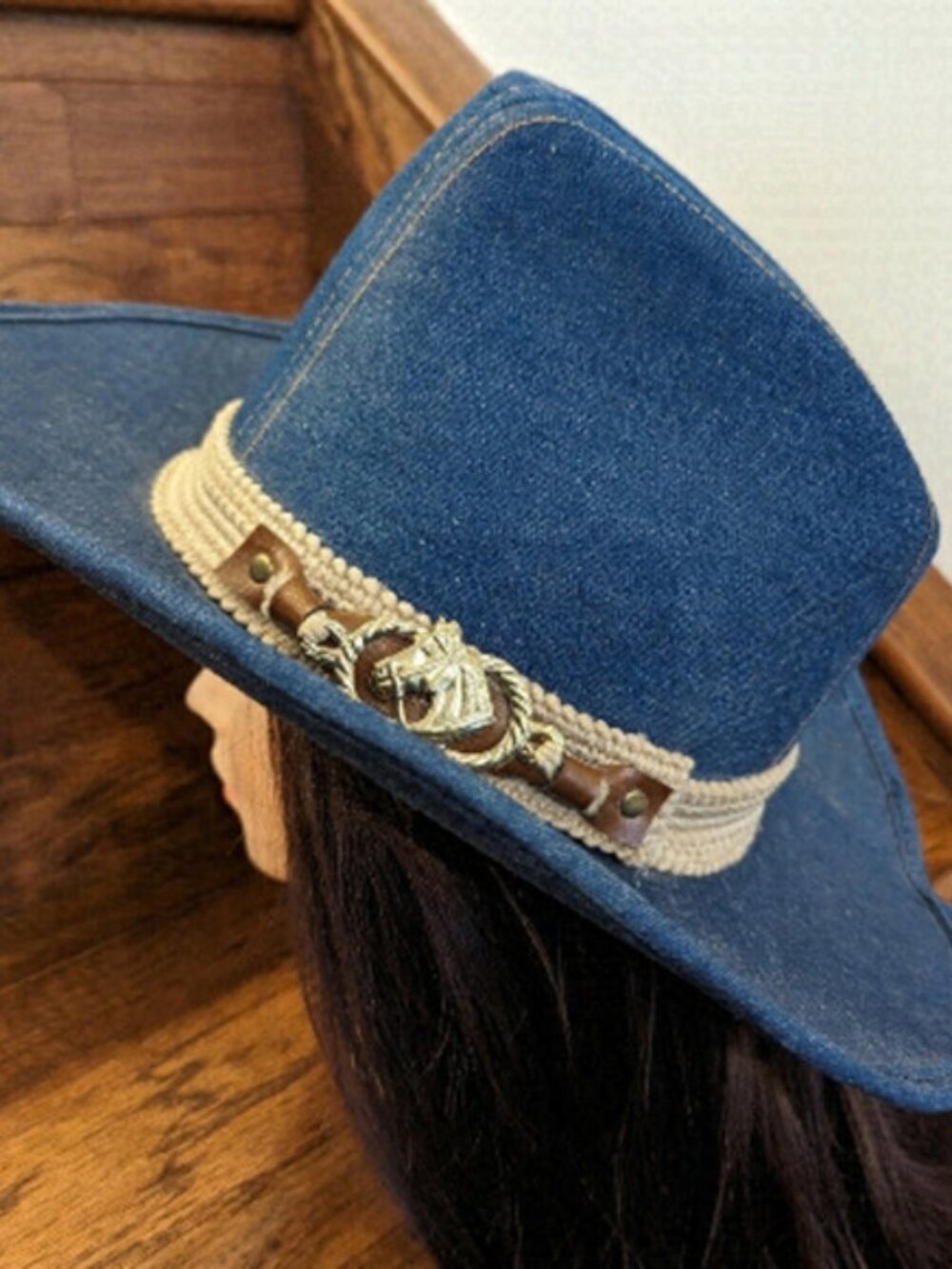 Vintage 60s denim western cowboy hat with macrame
